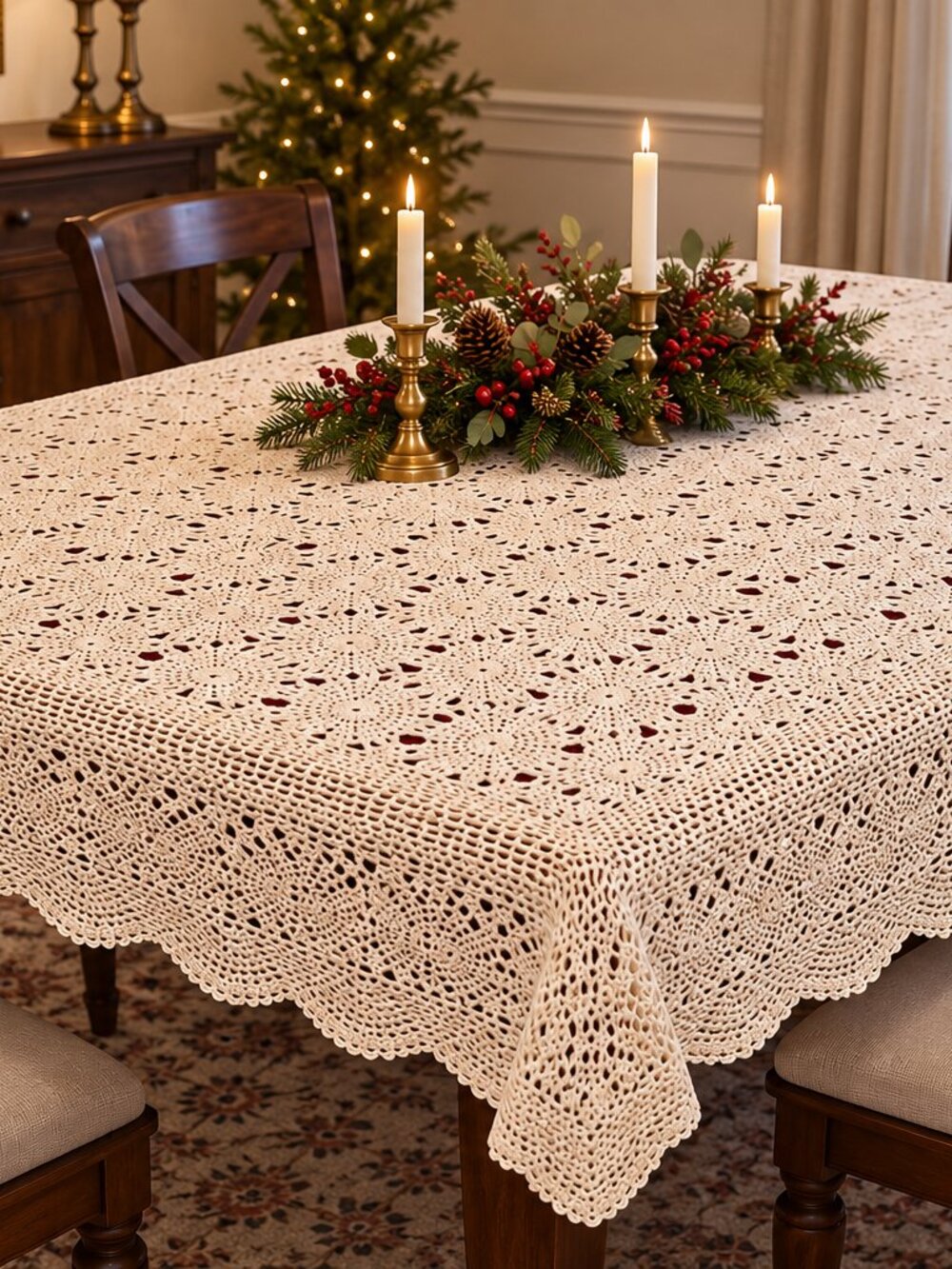 Vintage Hand Crochet Lace Tablecloth 90x52 Cream Thanksgiving Christmas Holiday